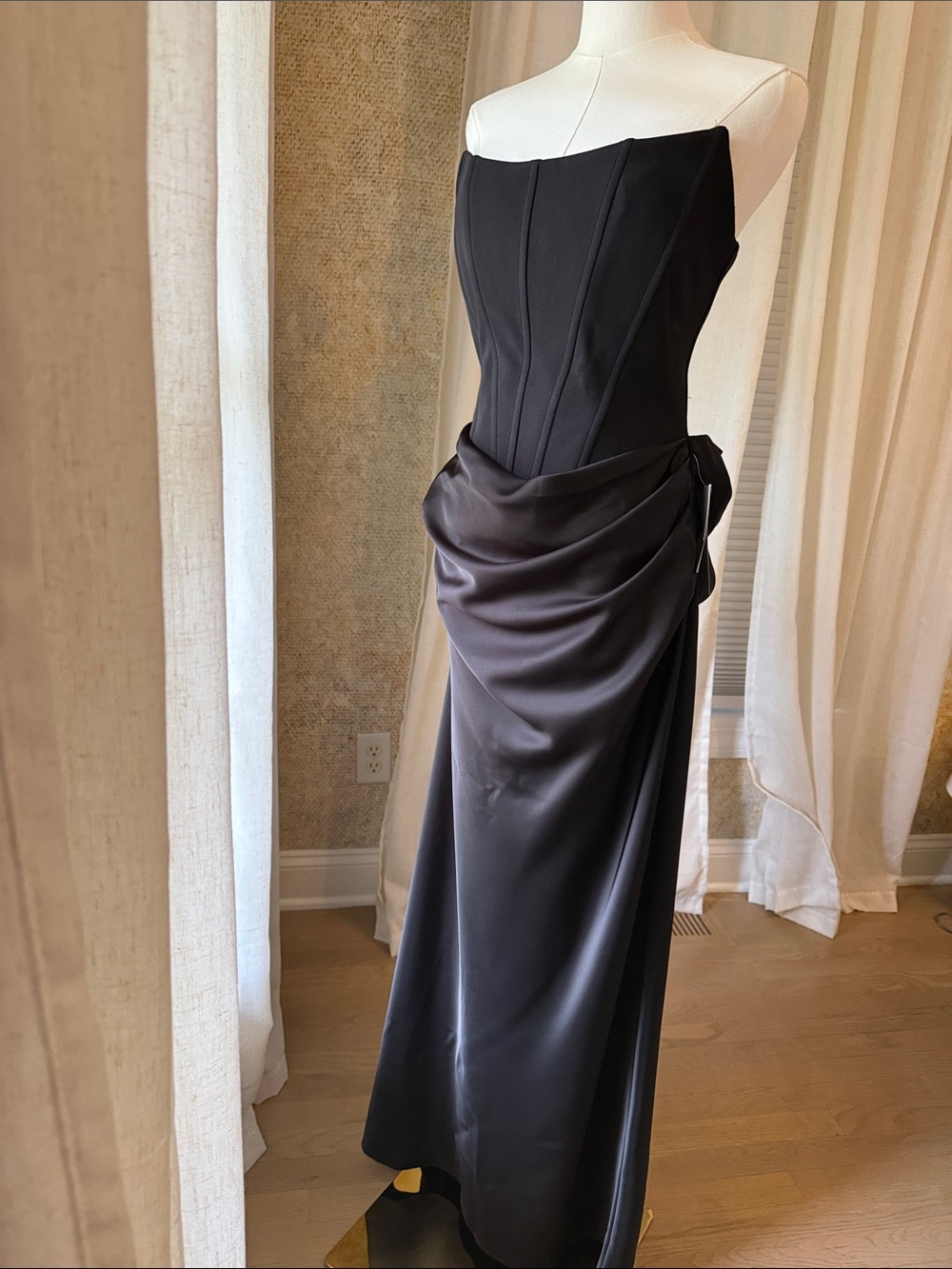 Betsy & Adam Black Strapless Satin-Draped Evening Gown